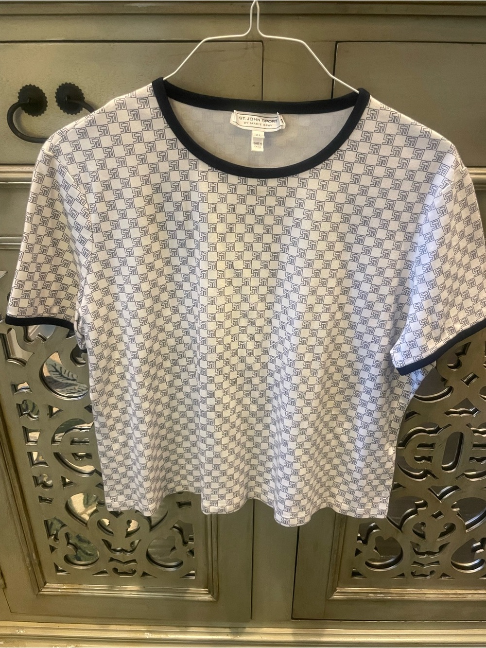 St. John Sport by Marie Gray Blue Patterned Crop Tee with Navy Trim